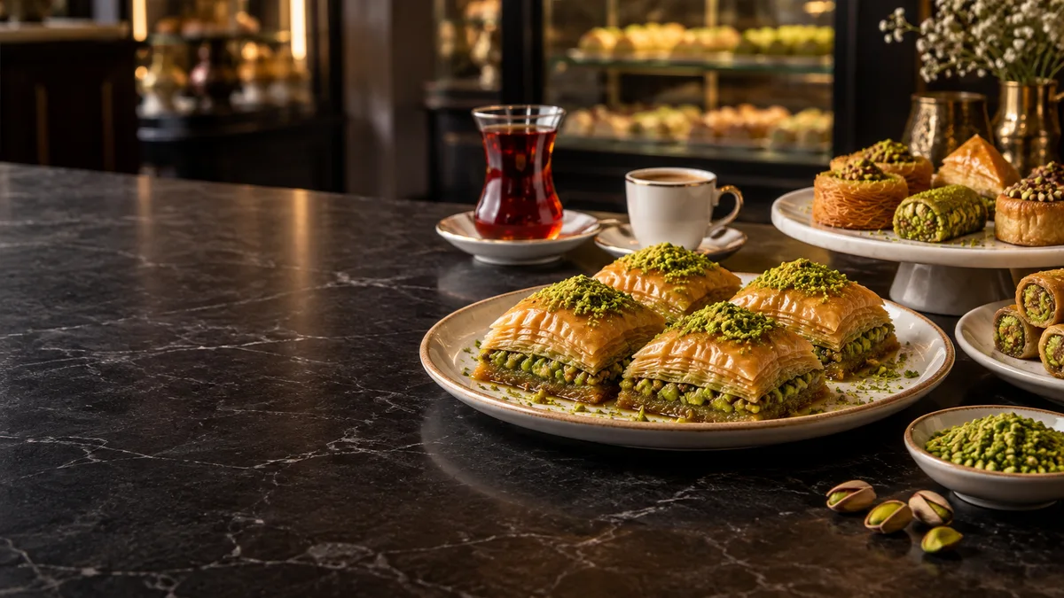 Bir sofrada baklava ve tatlı sunumu